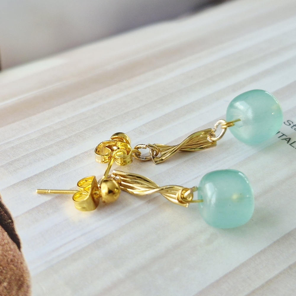 Gold Tone Drop Earrings With An Aqua Glass Bead Ligh Delicate Minimalist New